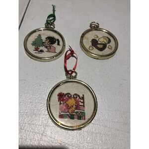 Vtg Christmas Ornaments Handmade NeedlePoint Framed Embroidered lot of 3